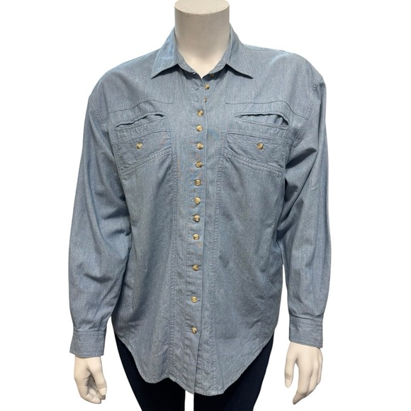 BOSTON PROPER Size 12 Cotton‎ Slash Pocket Chambray Western Shirt Blouse - Picture 1 of 5